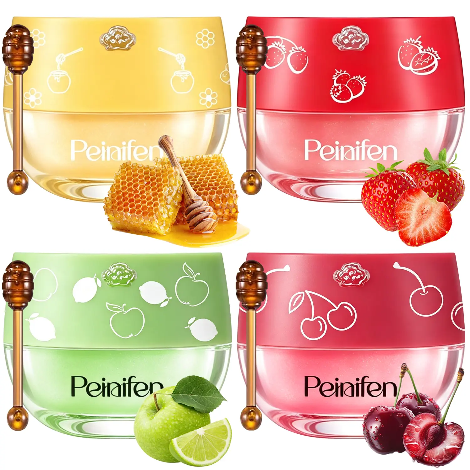 4 PCS Multi Flavor Lip Balm Set - Hydrating Lip Sleeping Mask with Applicator Sticks, Honey Fruit Flavored Lip Care Treatment, Moisturizing Lip Mask for Dry & Chapped Lips, Overnight Lip Moisturizer Gift Set