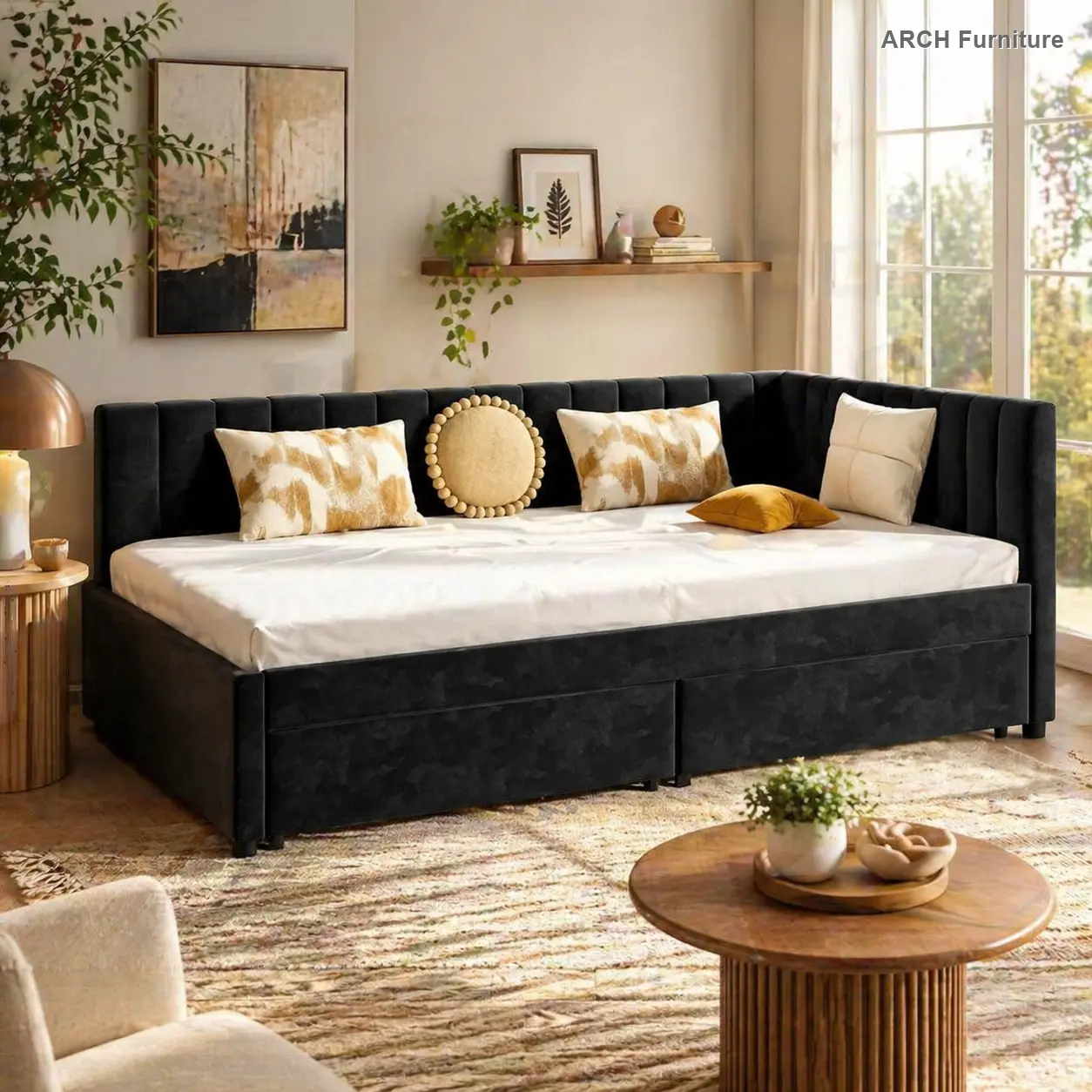 Velvet Fabric Full-Size L-Shaped Back Corner Storage Bed Daybed Frame - 79.10 x 58.20 x 26.77 inches Space-Saving Combo Item, Adult Indoor Living Room Furniture with Storage Drawers
