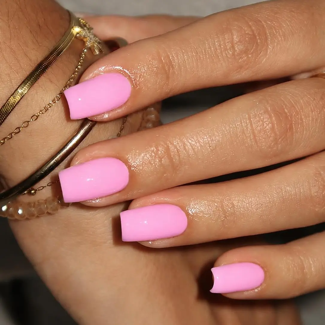 Baby Pink Solid Color Press On Nails Short Square 24 pcs, Simple Glossy Fake Nails with Nail Glue, Adhesive Tabs & Nail File, Soft Pink Stick On Nails, Cute Minimal Everyday Manicure Kit
