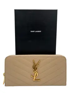 Pre-owned Yves Saint Laurent MATELASSE LEATHER Wallet YSL ZIP AROUND BEIGE