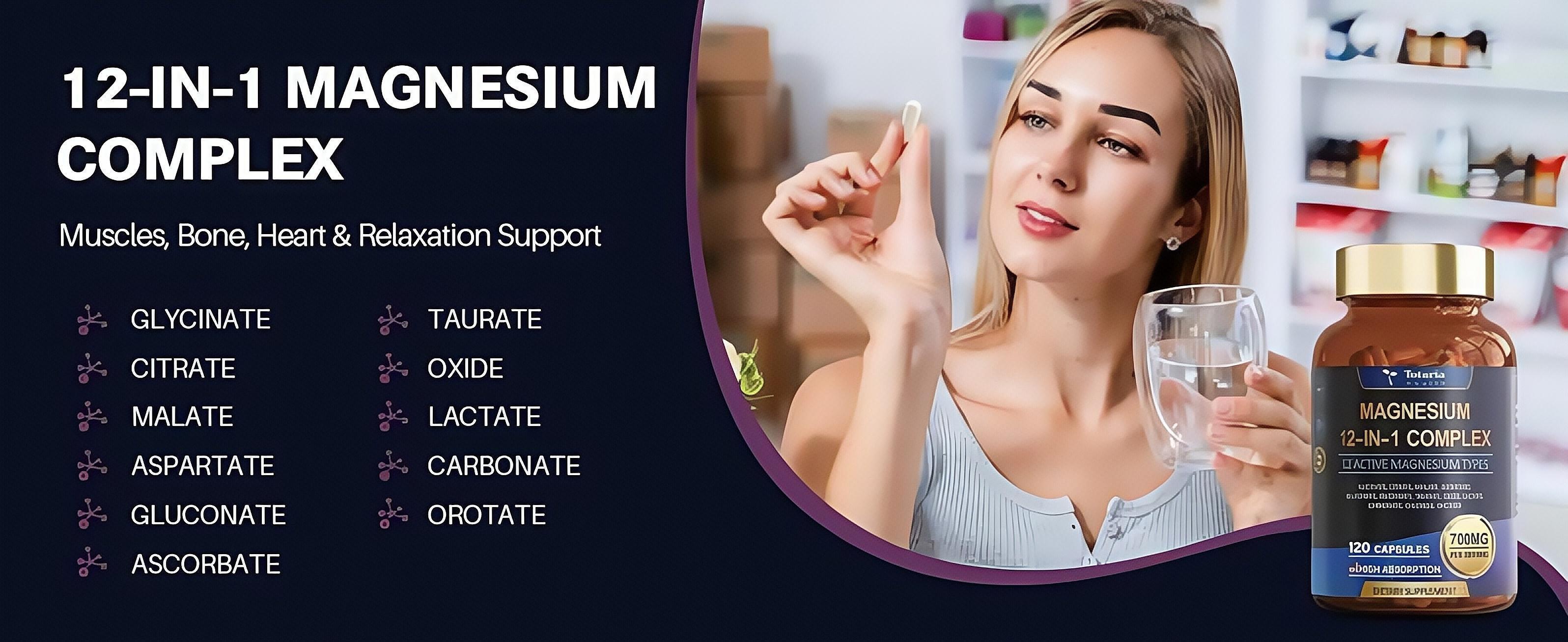 12-in-1 Magnesium 700mg | Full-Spectrum Mineral Blend for Active Lifestyles & Daily Balance | Easy-to-Swallow Vegan Caps