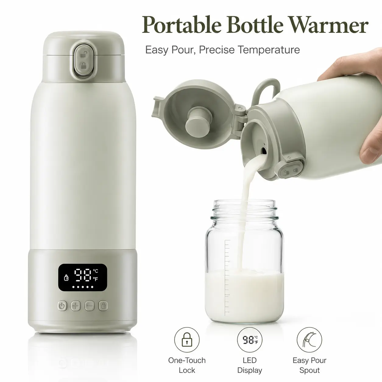 Portable Baby Bottle Warmer with Cleaning Brush Set, 17oz Rechargeable Milk & Water Warmer, USB-C Battery Powered Baby Bottle Warmer with Temperature Display for Travel, Home, Car