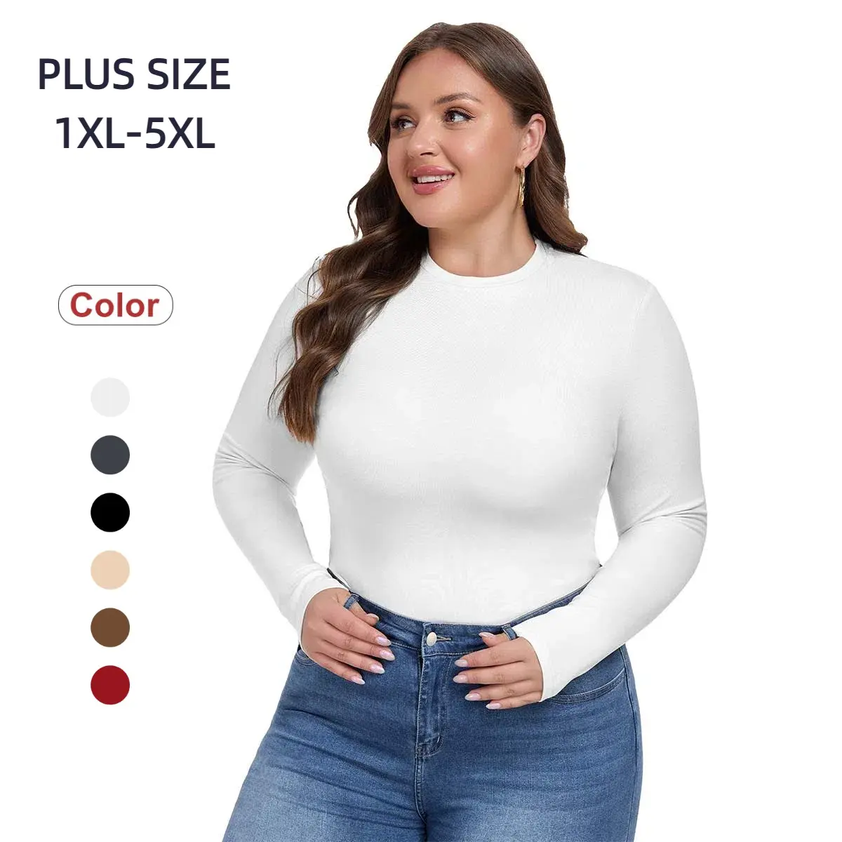 COOTRY Women's Plus Size Long Sleeve Crew Neck Top, Casual Slim Fit Comfy Wardrobe Staple for Fall, Longsleeves, Round Neck, Comfy Casual, Casual Tops