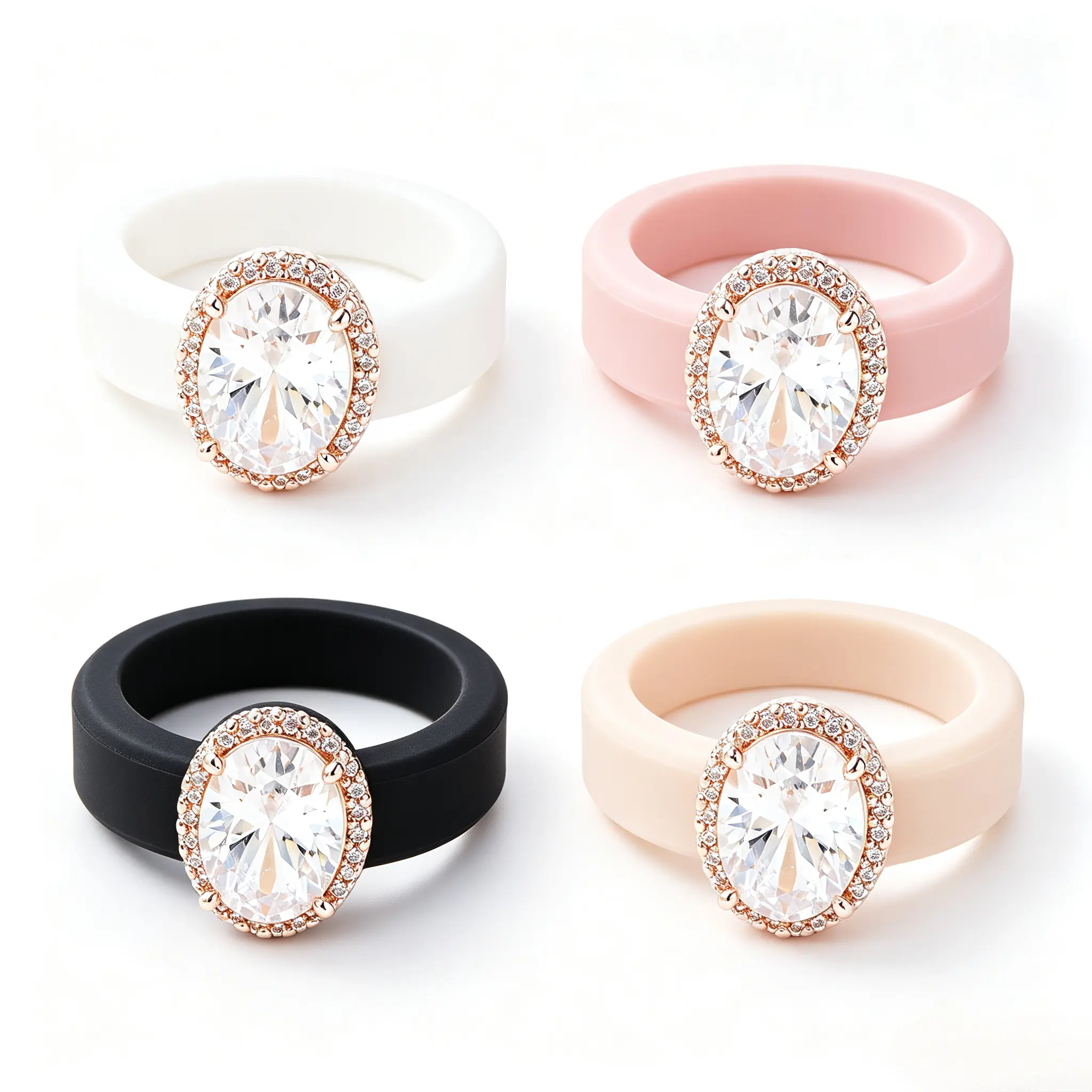 Women Oval Halo Cubic Zirconia Silicone Ring, Rose Gold Plated Sparkly Oval CZ Rubber Band Ring, Medical Grade Flexible Silicone Wedding Ring, Multi Color Comfort Stackable Engagement Ring Gift
