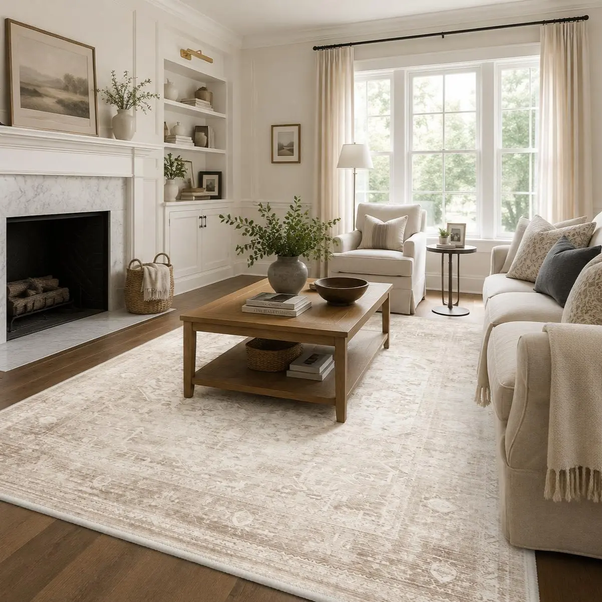 【Back To School】GENIMO Vintage Area Rug, Machine Washable, Non-Slip, Pet Friendly Floor Rug, Area Carpet Ideal for Living Room, Bedroom, Kitchen, Hallway ,ARP2685-BEIGE