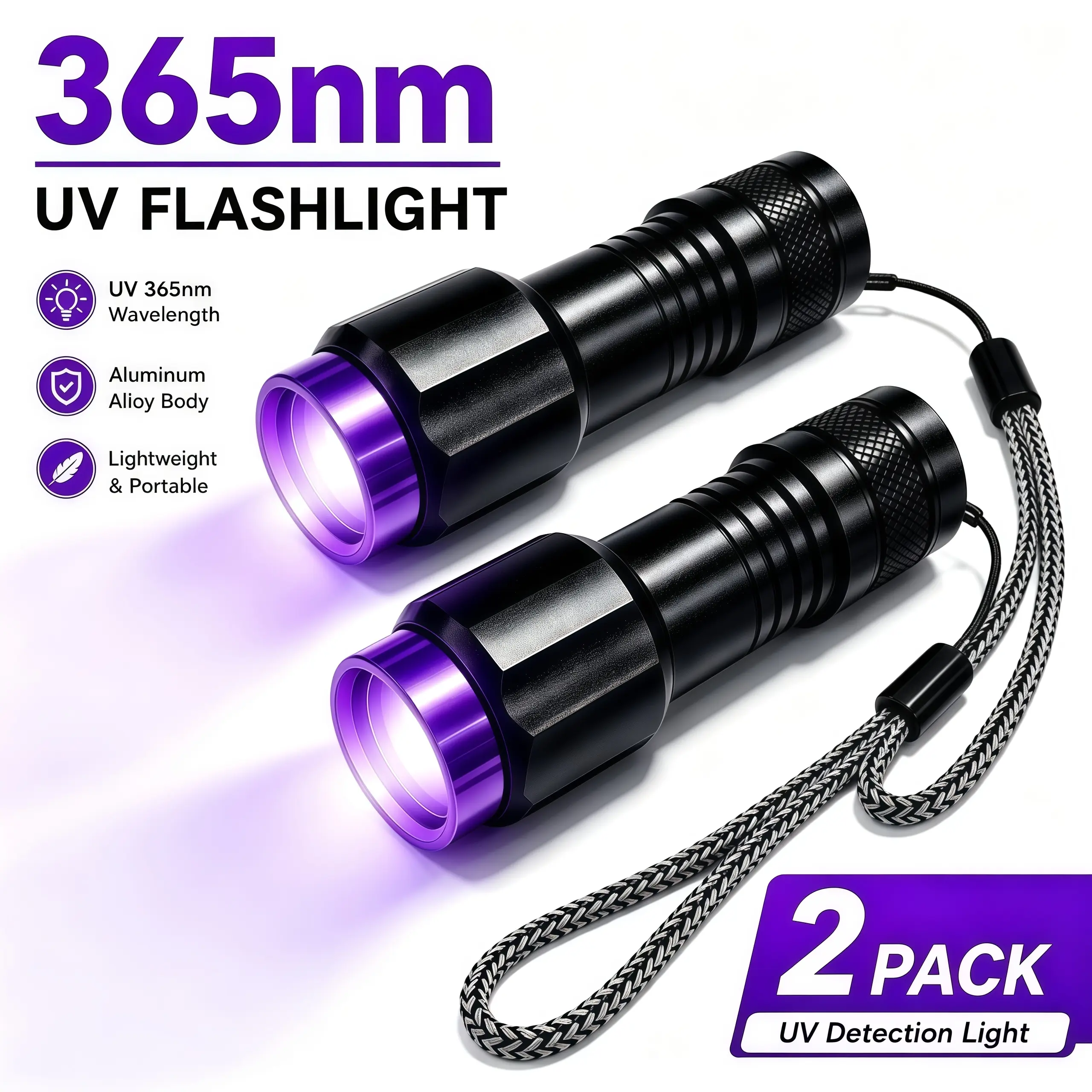 2 Pack 365nm UV Flashlight, Aluminum Alloy Black Light with Digital Display, USB Rechargeable Ultraviolet Torch for Pet Urine & Cat Ringworm Detection, Scorpion Hunting, Rockhounding, Jade Appraisal, Resin Curing, and Counterfeit Check