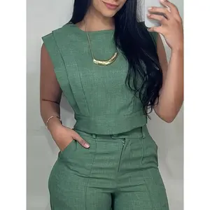 [Casual Top Set] 2pcs Crop Top And Straight Pants Set |   Round Neck Cap Sleeve Casual Pocket Design