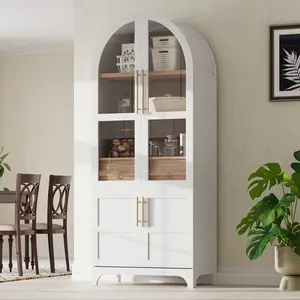71" Tall Arched Kitchen Pantry Cabinet with Door Shelves, Farmhouse Kitchen Storage Cabinet with Open & Adjustable Shelves, Hidden Drawer & Glass Door, Cupboard for Kitchen, Dining Room, White