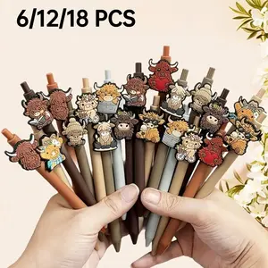 6/12/18 Pack Highland Cow 3D Cartoon Ballpoint Pens, Funny Teacher Pens, Aesthetic Pens, Unique Pens, Animal Decor Office Stationery, Cute Kawaii Desk Supplies, Novelty Workspace Gifts for Coworkers, Friends & Pen Collectors
