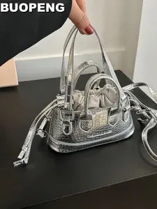 Mini Silver Croc-Embossed Top Handle Bag with Drawstring Closure