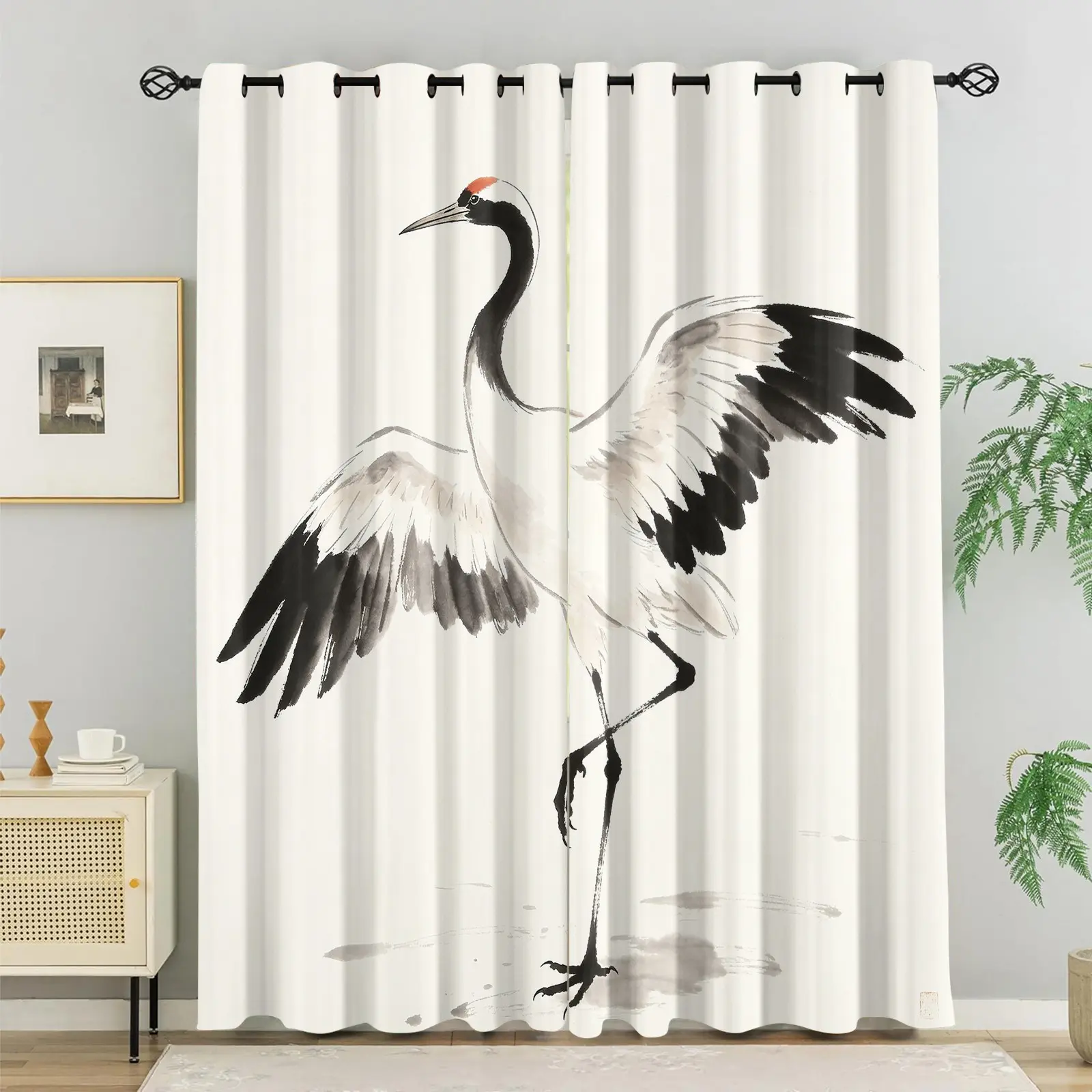 2Pcs White Crane Printed Curtains, Classical Style Home Decor, Soft Polyester Fabric, 85% Light Blocking Rate, with Metal Grommets, Suitable for Chinese Style Bedroom, Dormitory and Living Room Decoration