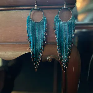 Long Teal Seedbead Handmade Earrings with Decorative Beads and Circular Design