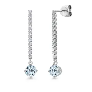 14K White Gold Sky Blue Topaz and White Lab Grown Diamond Long Liner Dangle Earrings for Women | 1.76 Cttw | Gemstone November Birthstone | Round 5MM | White Gold Chain Drop Earrings