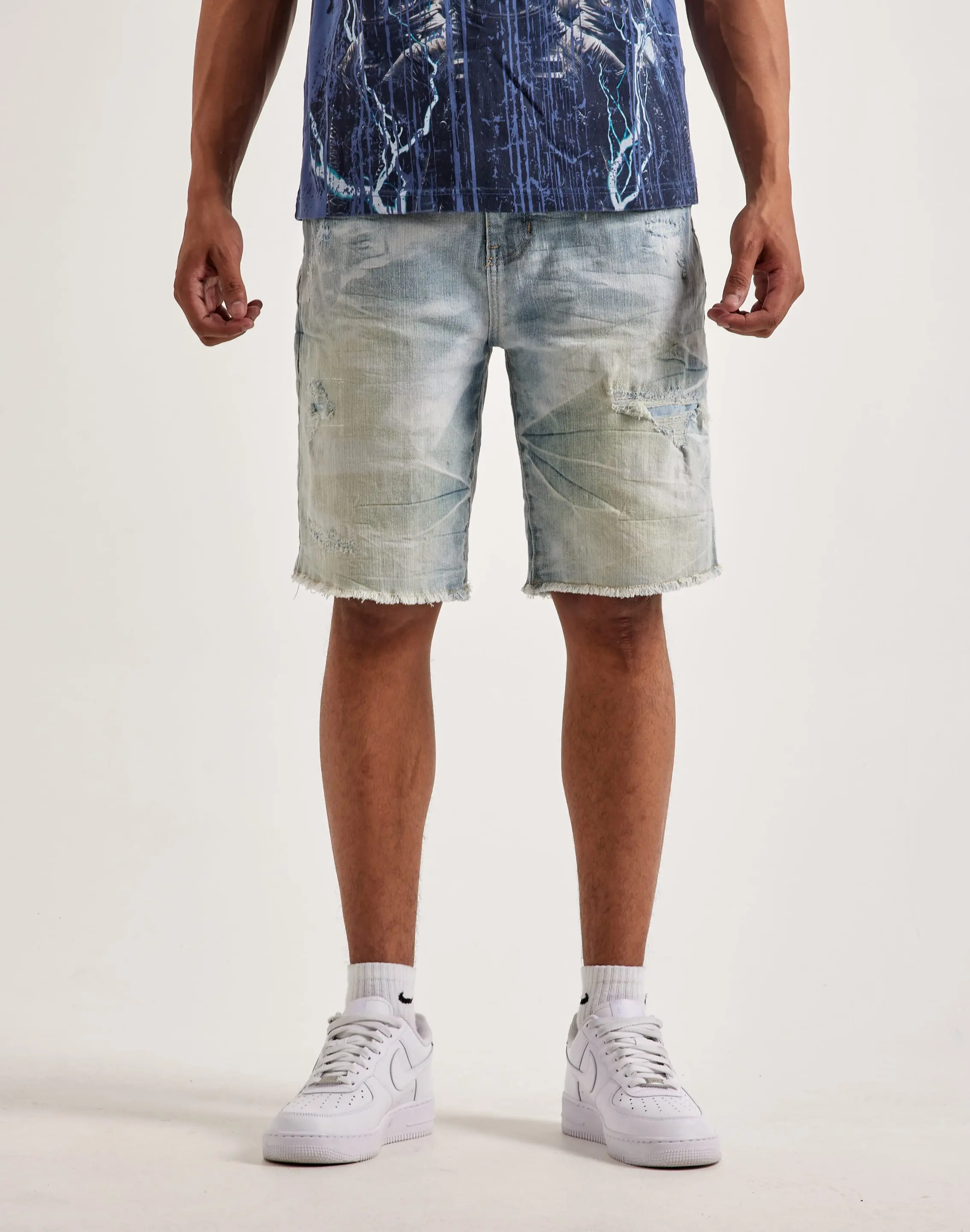 Mens Smoke Rise Distressed Denim Shorts