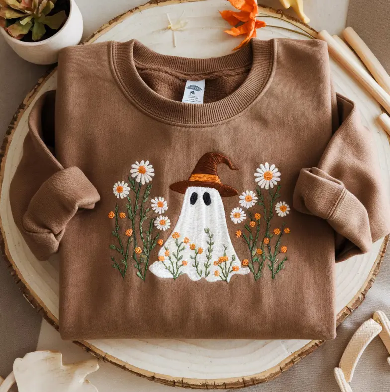 Embroidered Halloween Ghost Sweatshirt - Casual Brown Sweatshirt with Daisy and Pumpkin Design
