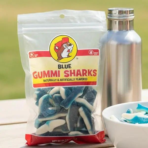 Buc-ee's Blue Gummi Sharks Candy Snack - Sweet Blue Raspberry Flavor, Chewy, Bouncy, 2-Tone Shark Shapes