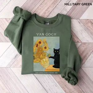 Van Gogh Black Cat Sweatshirt, Starry Night Cat Shirt, Artsy Vintage Cat Lover Sweatshirt, Funny Aesthetic Cat Mom Gift,  Cotton