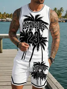 Men's Breathable Bird's Eye Mesh 2-Piece Basketball Workout Set – Los Angeles 23 Palm Tree Graphic Sleeveless Tank & Drawstring Shorts for Summer Beach, Street Style, Gym Training & Workout Clothes