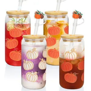 Magic Color-Changing Pumpkin Cups 4-Pack 18oz Glass Tumblers with Bamboo Lids & Straws for Fall Parties Thanksgiving & Pumpkin Spice Lovers Reusable Halloween Drinkware Bottles Wate