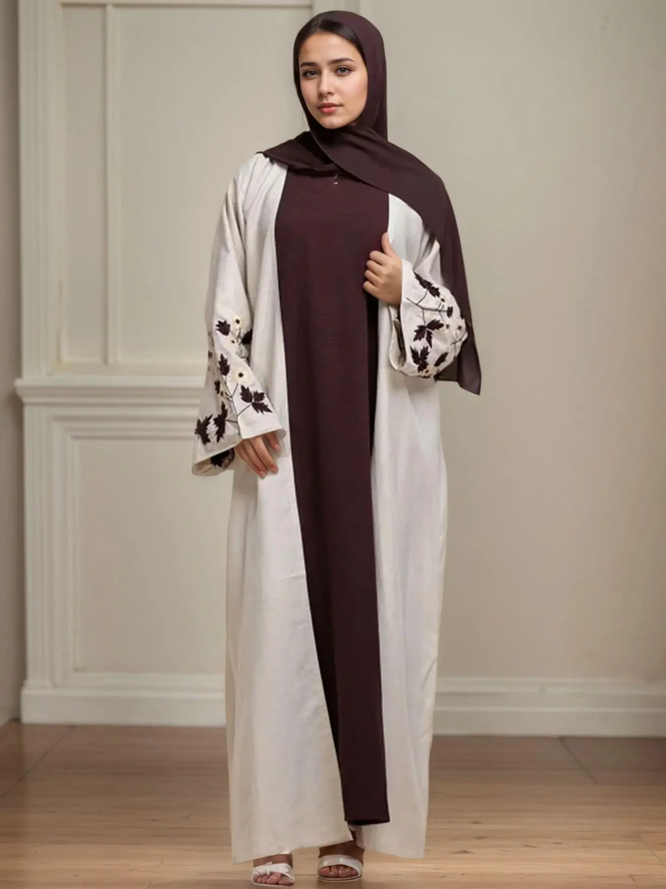 Women's Floral Embroidery Abaya, Floral Embellished Abaya, Elegant Long Sleeve Open Front Muslim Clothing for Spring & Fall, Ladies Islamic Clothing for Daily Wear