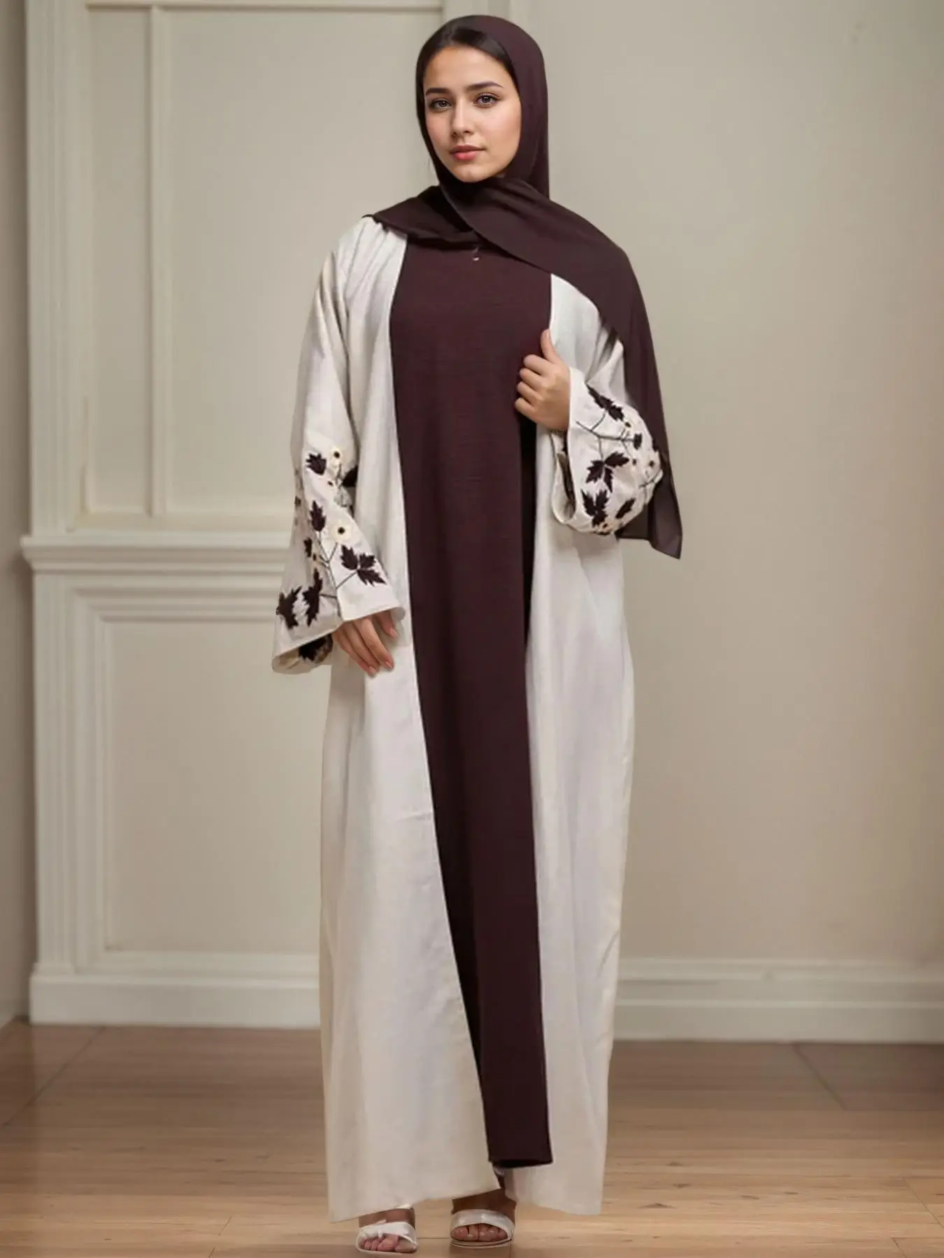 Women's Floral Embroidery Abaya, Elegant Long Sleeve Open Front Muslim Clothing for Spring & Fall, Ladies Islamic Clothing for Daily Wear