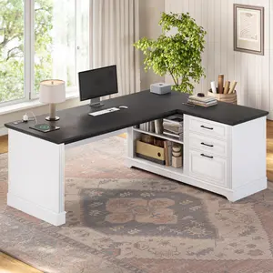 SEDETA 61 Inch Farmhouse Executive L Shaped Desk with 3 File Drawers Power Outlets Storage Shelves for Home Office Furniture Organization Cabinets Wood Workstation