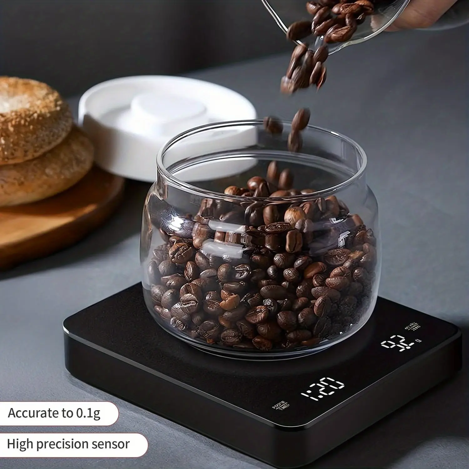 Electronic kitchen scale, Food Scales For Kitchen, Food scale with timer and automatic peeling function, large capacity digital coffee weighing, large LCD display, black design, Kitchen Gadgets, suitable for tea, and ingredients