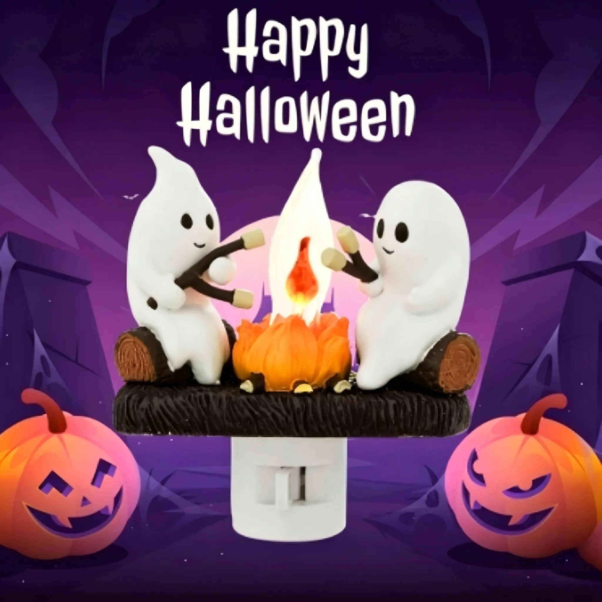 Ghost Campfire Night Light,Plug-in Flickering Flame Figurine Lamp,Wireless LED Wall Sconce,Indoor Halloween Decorations for Bedroom,Kitchen,Party & Family (1 Pack)