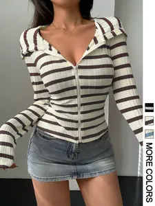 Women's Simple Striped Zipper Fitted Knit Hoodie, Sweatshirts, Casual Daily Wear, Comfortable and Stylish, Perfect for Spring & Fall Seasons