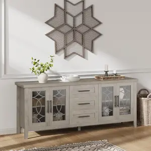 IDEALHOUSE Farmhouse TV Stand, Entertainment Center for 75 Inch TV, Media Console Table with 3 Drawers and 2 Glass-Front Storage Cabinets, Wooden TV Console for Living Room Bedroom, Brown and White