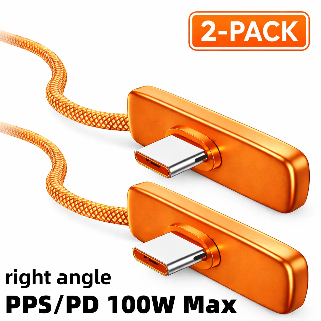 2-Pack 90° Right Angle USB-C Fast Charging Cable for Samsung Galaxy S24 Ultra, S23 Ultra, Z Fold 6 & Galaxy Tab – PD/PPS Compatible, Supports Up to 100W, Braided Gaming Charger