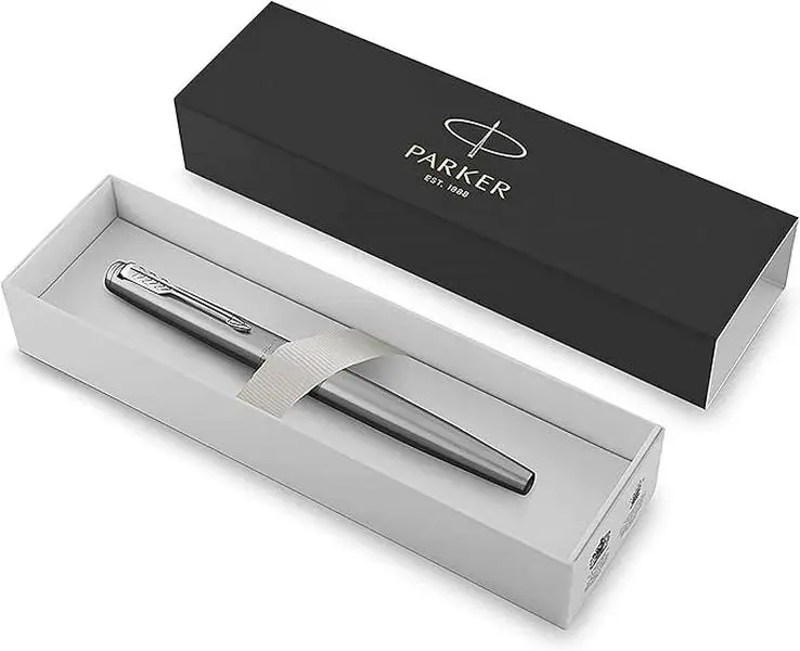 Parker Jotter Fountain Pen, Stainless Steel Body, Gold Trim, Medium Point, Blue Ink, Includes Gift Box