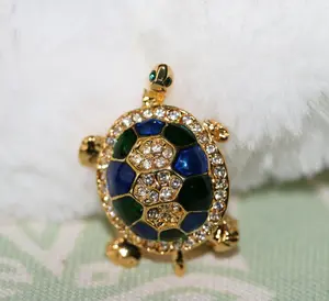Vintage Turtle Brooch  Gold Tone, Blue/Green Enameled Shell with Crystal Clear Rhinestones, Turtle Pin