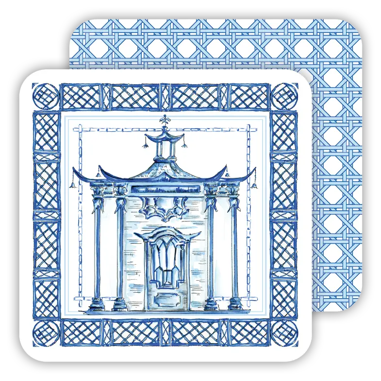 Handpainted Ornate Pagoda Blue Paper Coaster