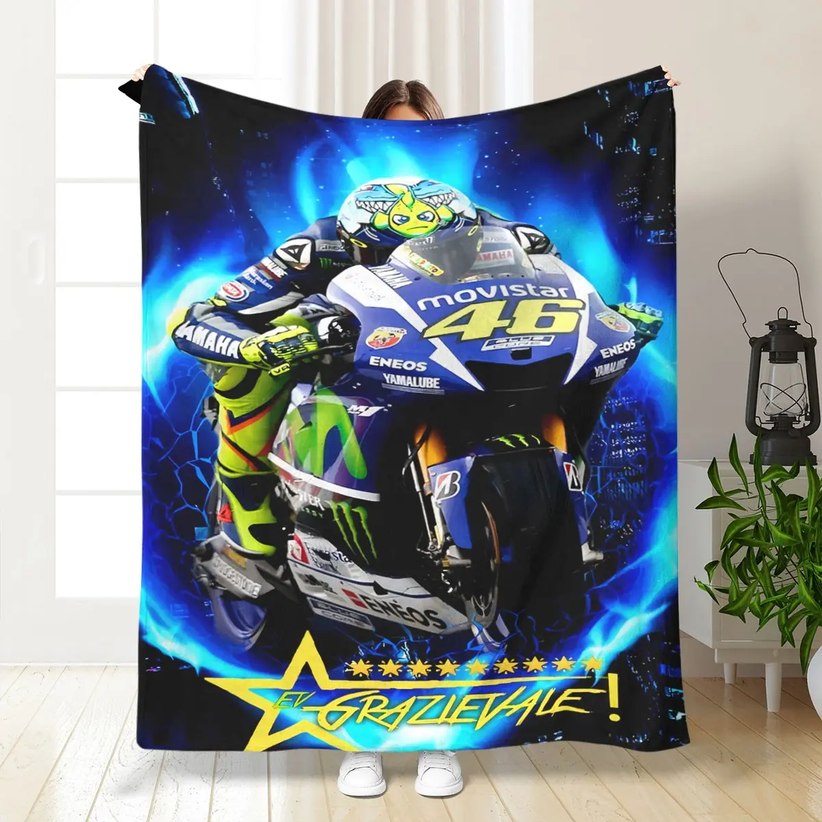 Blue Flame Racing Motorcycle Flannel Blanket, Exclusive Track Atmosphere Cover for Motorbike Enthusiasts, Soft and Cozy Bedding