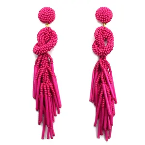 Handmade Beaded Solid Color Post Statement Earrings for Women All Season - 4 inch Long Dangle with Celtic Knot Design - Czech Seed Beads - Fuchsia