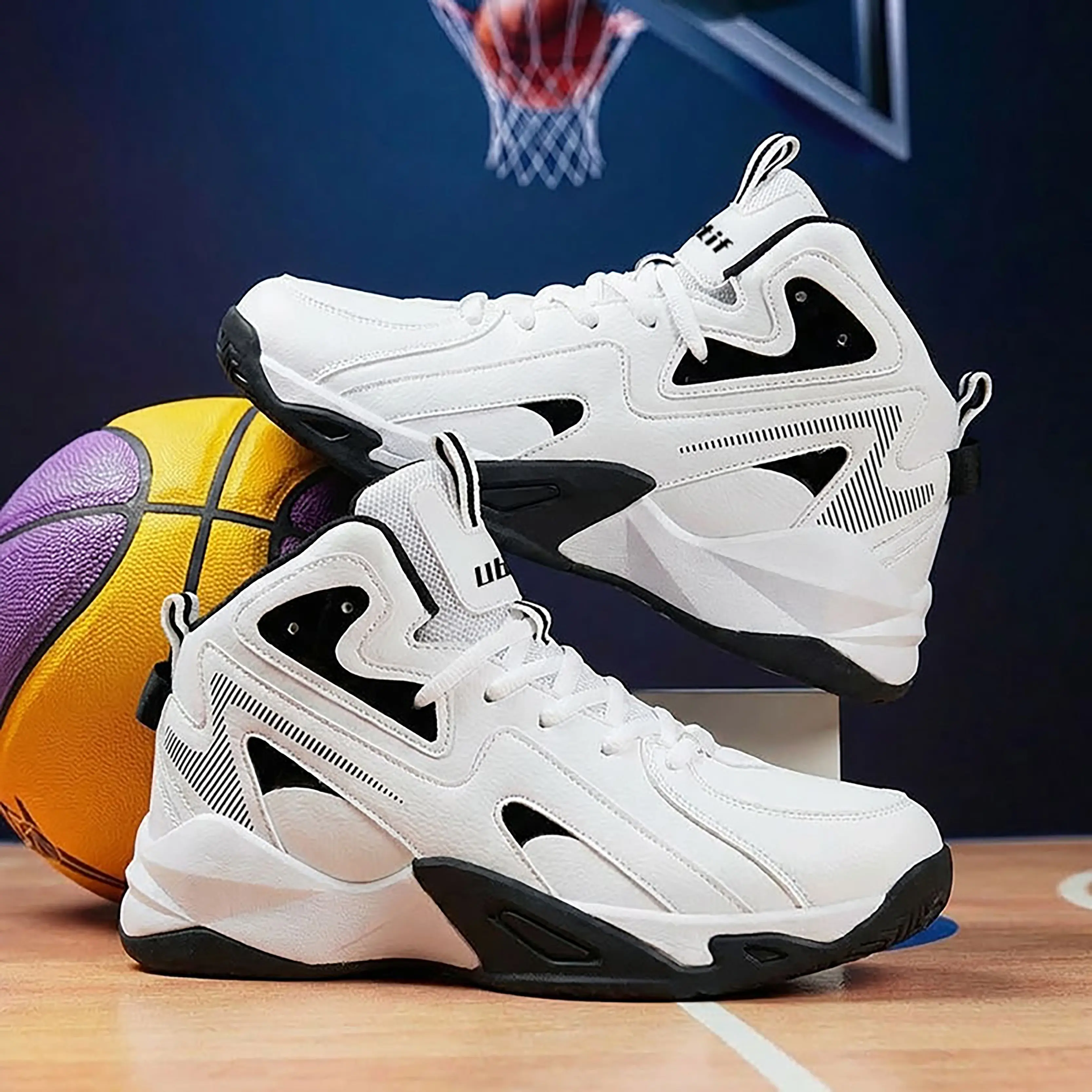 Men’s High-Top Athletic Basketball Shoes with Laces, PU Leather, Stylish Non-Slip Casual Trainers for Training, Running