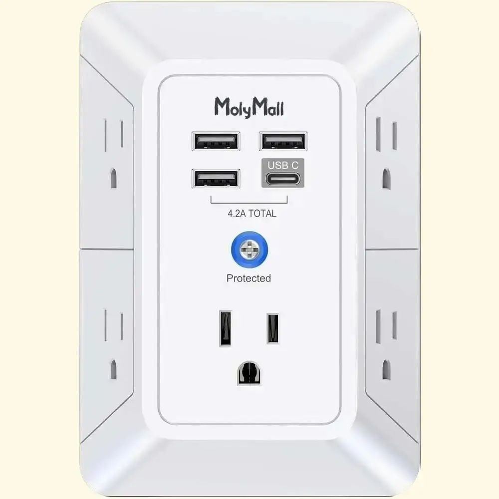 5-Outlet Surge Protector Wall Charger with 4 USB Ports - 1680J Multi for Home, Office, Travel plugs electrical extender