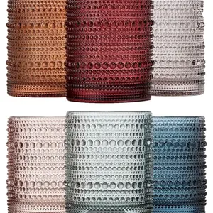 Beaded Hobnail Tumbler Drinking Glasses Set | Set of 6 | Vintage Colored Hobnails 11 OZ Muted Bubble Design Whiskey Glassware, Old-Fashioned, Embossed Design Glass Water, Wine, Cocktail HAND WASH ONLY