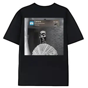 100% Premium Cotton T-shirt Funny Tung Tung Tung Sahur Motion at Your Front Door Meme Graphic T-Shirt - Black Casual Loose Fit Round Neck Tee with Humorous Money & Brick Wall Design for Festive Roleplay & Casual Attire,