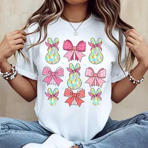 Colorful Gift Bow And Candy Pattern Printed T Shirt White Casual Loose Fit Women Summer Top