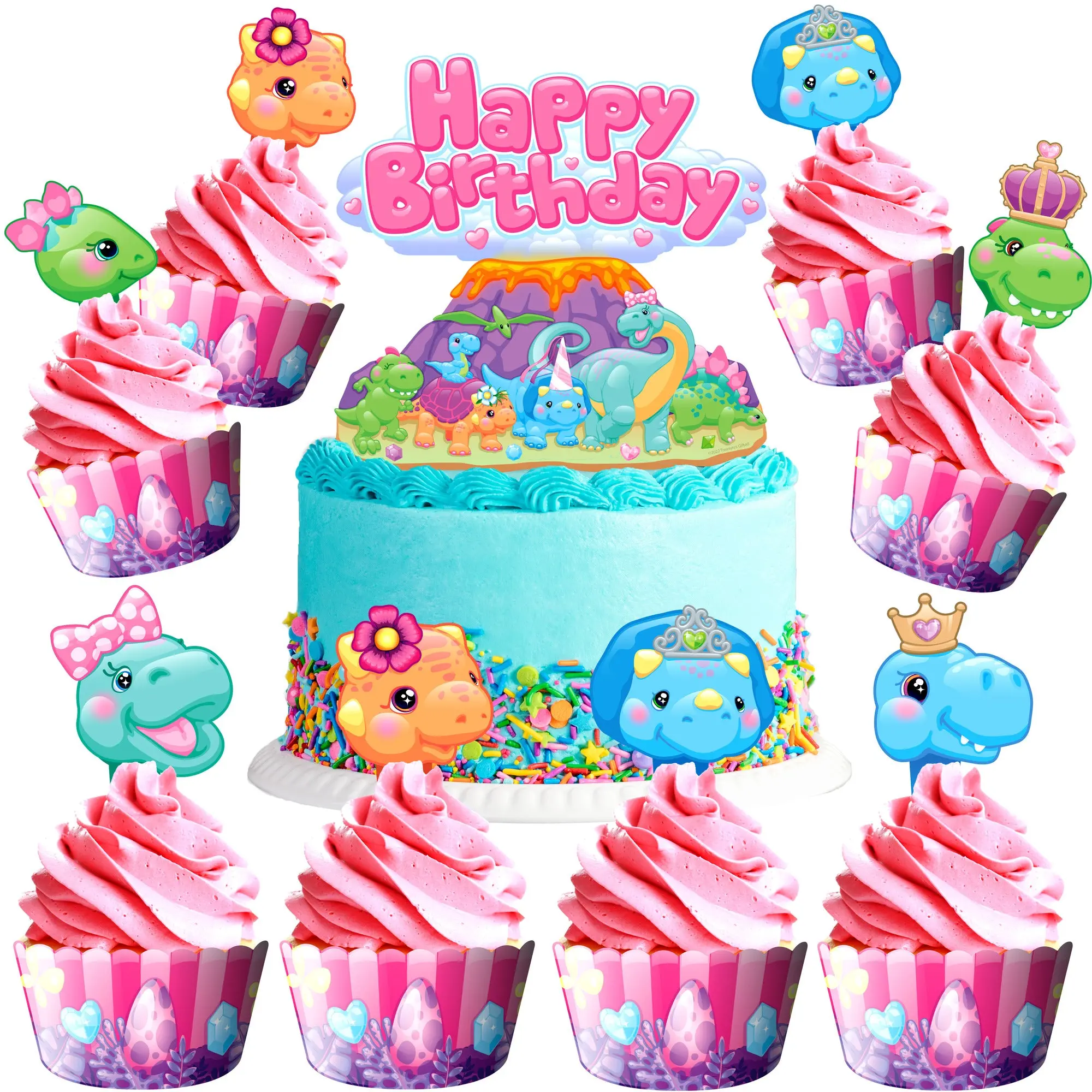 Girl Dinosaur Cake Topper & Girl Dinosaur Cupcake Toppers Kit