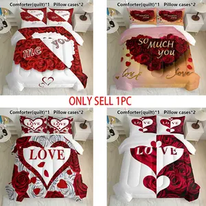 Romantic Rose Quilt Set (1 Quilt + 2 Pillowcases), U-Shaped Stitching, 200gsm Filling, Breathable Soft Cotton