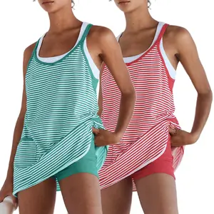 Buenoble Women’s Athletic Dress with Built-in Shorts Striped Tennis Dress Workout Mini Dress Casual Summer Activewear