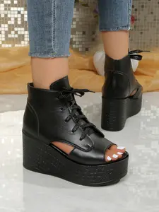 Women's High-Top Fish Mouth Wedge Sandals, Textured Leather Laces Thick Sole Waterproof Platform Shoes, Summer New Arrival