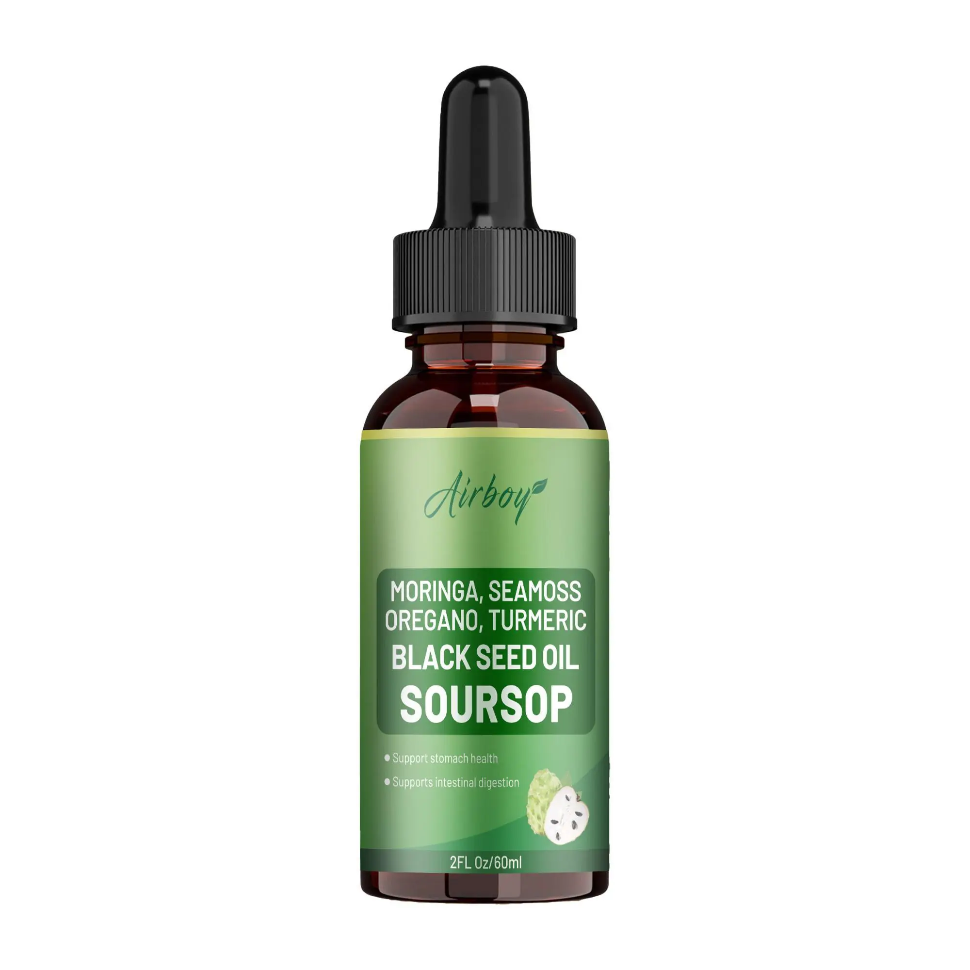 Airboy 10-in-1 Soursop Herbal Blend Drops - Vegan, Natural Herbal Extracts (Seaweed, Moringa, Turmeric, Black Seed Oil, Oregano, Ashwagandha) - Boost Energy, Detox Support - Nutritional Vitamins & Minerals Supplements - 2 fl oz