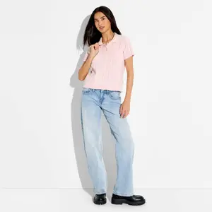 Women's Short Sleeve Cable Polo Pullover Sweater - Wild Fable Pink S
