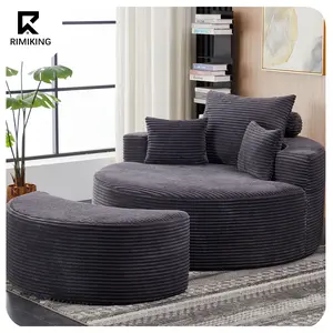 RIMIKING Corduroy Ergonomic Swivel Chair & Ottoman Set with Pillows and Blanket, No-Assembly Comfy Round Accent Chair for Home