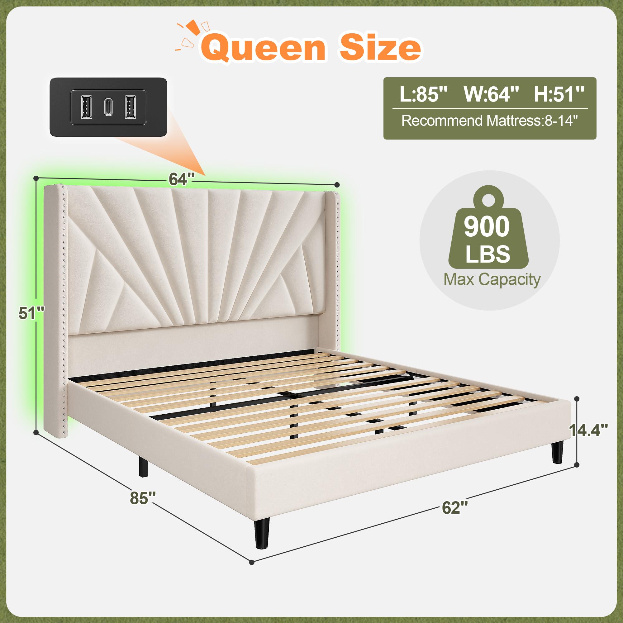 Solid Wood Queen/King Size Bed Frame with 51" Velvet Upholstered Headboard, up to 900 LBS Foundation with All Sturdy Metal Support,Headboard with Charging Station and LED Lights, Wingback Headboard, No Box Spring Needed, Noise-Free,Easy Assembly