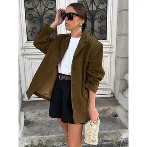 Women’s suede blazer in camel and olive brown, reversible lapel jacket with patch pockets and a classic button design—versatile vintage for daily office looks; stylish layering outerwear with solid texture.